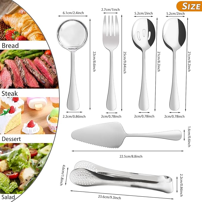 14 Pieces Serving Utensils, Large Spoons Slotted Spoon Forks Tongs, Stainless Steel Pie Cake Server for Buffet Catering
