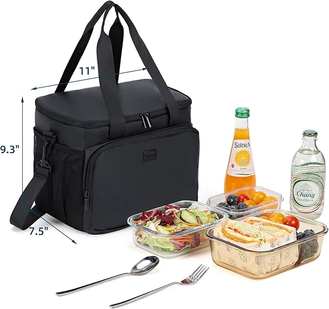 ZEEMO Insulated Lunch Bag for Men Women, Cooler with Adjustable Shoulder Strap, Leakproof Box for Work, Picnic, Large Size, Black