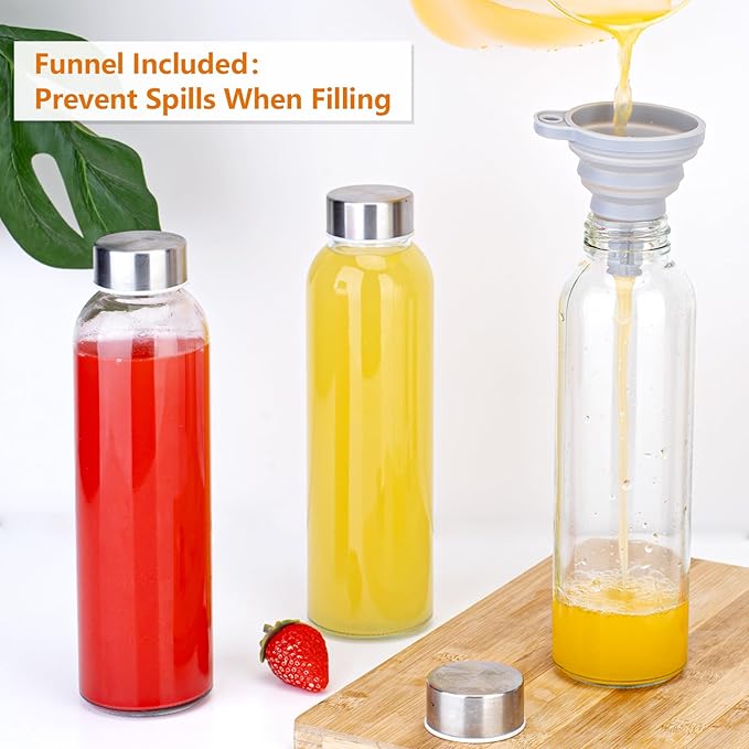 Zukro Glass Juice Bottles with Lids for Juicing 18 oz, Reusable Clear Glass Water Bottles with Stainless Steel Airtight Cap for Refrigerator, 100% Leak Proof Drinking Jar, BPA Free, Set of 6