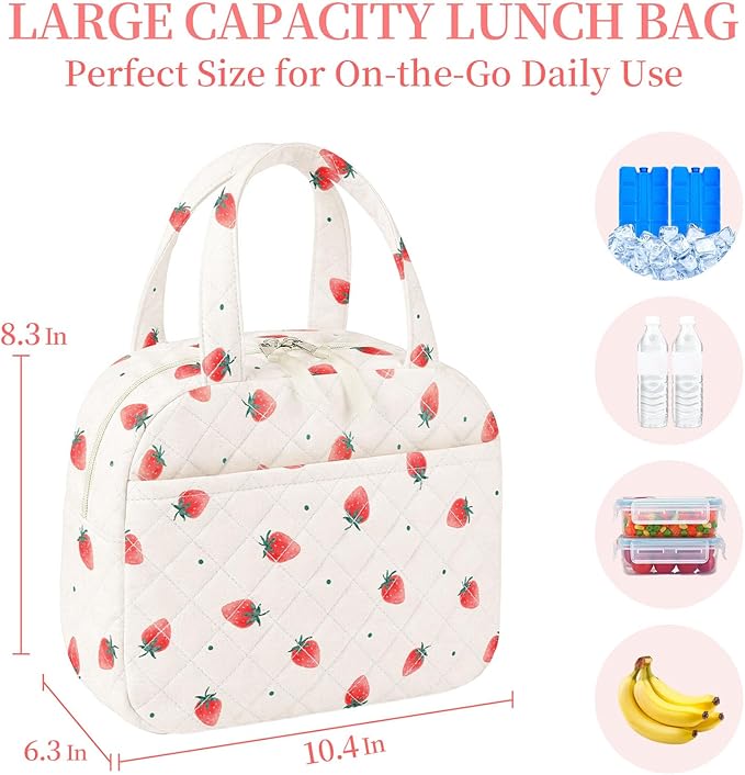 Quilted Lunch Box for Women,Coquette Aesthetic Lunch Box for Teen Girls,Cute Strawberry Lunch Bags for Work, School,Office,Picnic,Travel (Strawberry)
