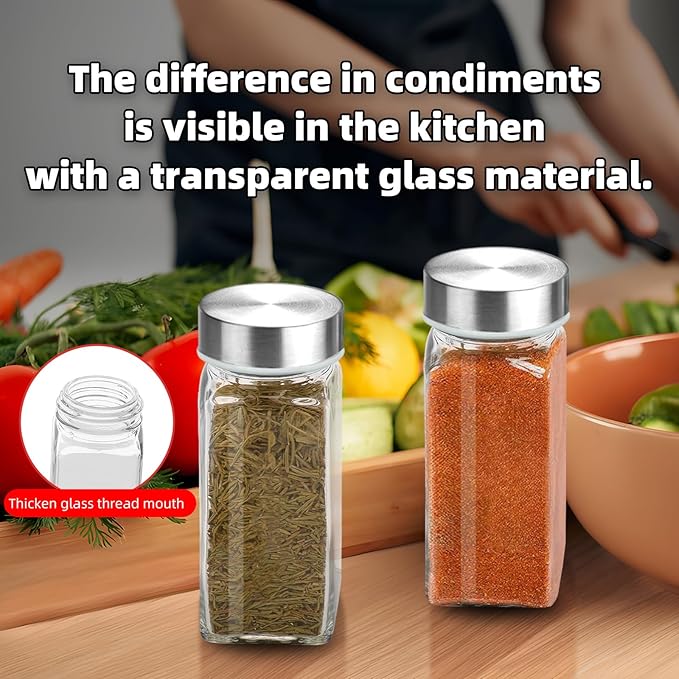 4Pcs 4oz Glass Spice Jars with Shaker Lids, Spice Jars Trial Set & Supplement Set, Empty Spice Containers and Square Spice Bottles for Kitchen (304 Stainless steel Lids)