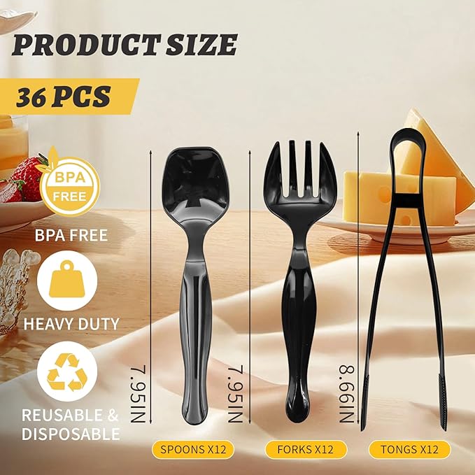 36PCS 9'' Plastic Serving Utensils Set Large Disposable Serving Spoons Forks Tongs for Serving Food Heavy Duty Black Large Party Utensils Supplies for Buffet Restaurant Dinner Salad Noodles Soup