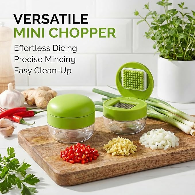 3-in-1 Garlic Press Set, Stainless Steel Garlic Mincer with Garlic Peeler & Cleaning Brush, Garlic Crusher Tool with Storage Container for Kitchen Cooking (Green)