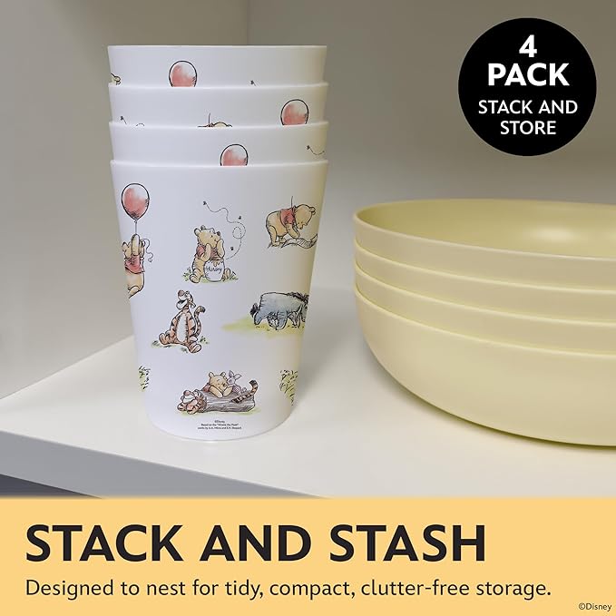 Disney Reusable Plastic Cups – 4 Pack 16 oz Plastic Drinking Glasses with Mickey, Stitch, Pooh, or Disney100 Designs – BPA-Free, Stackable, Top Rack Dishwasher Safe Tumblers for Water, Juice & More