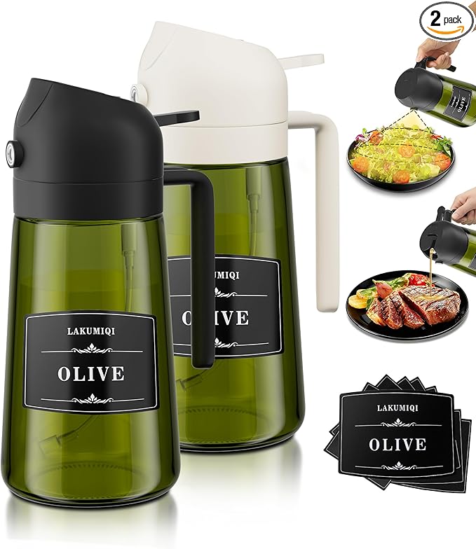 2 in 1 Oil Sprayer for Cooking, 16oz Olive Oil Dispenser Bottle for Kitchen, Food Grade Light-Blocking Leak Proof Glass Spray Bottle for Salad, Air Fryer, BBQ