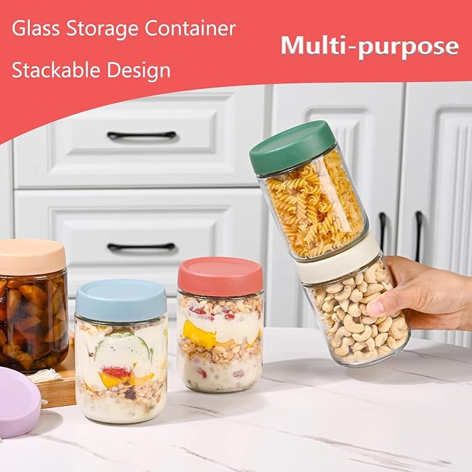 Overnight Oats Containers with Lids 16 oz Glass Jars 6 Pack Glass Mason Jars with Airtight Lids, Perfect for Oats, Yogurt, Chia Pudding, Snack