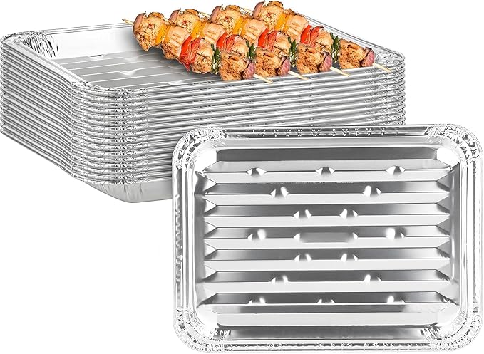 PARTY BARGAINS Aluminum Broiler Pans 12 Pack, Heavy-Duty Disposable Grill & Roasting Pans for BBQ, Oven & Catering, Ribbed Bottom for Even Heat - (Max 240°C)