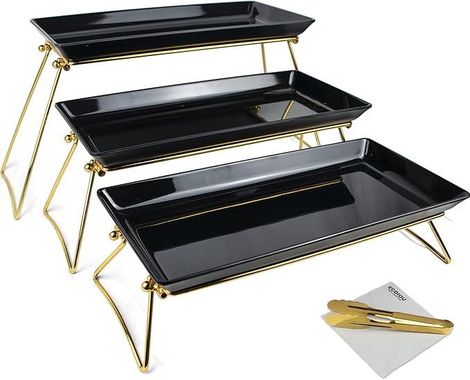Extra Large 3 Tier Serving Tray, 24 x22 x 9.8 Inch Melamine Tiered Tray Stand and Platters for Party Buffet Entertaining, Black and Gold