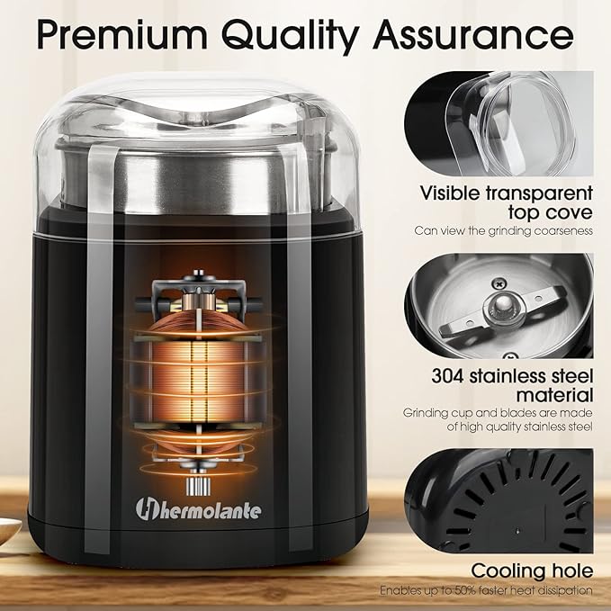 Herb Grinder Spice Grinder, 200 w Herb Grinder with Stainless Steel Blade and Cleaning Brush, Compact Size Electric Grinder for Herbs and Spices -5.11in (Black)