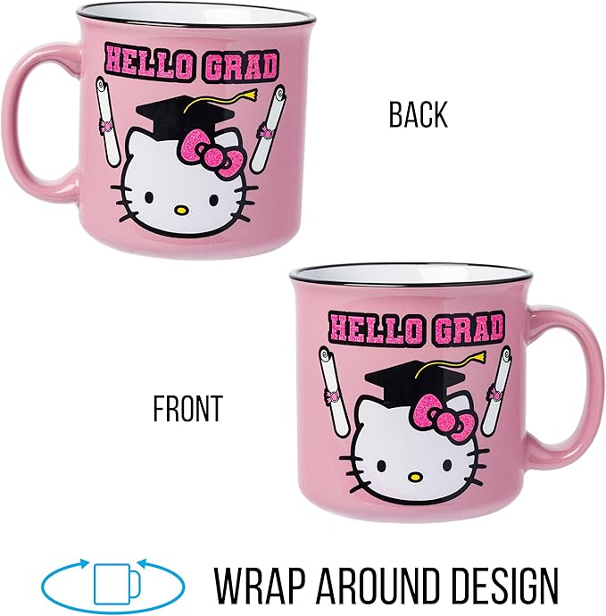 Silver Buffalo Sanrio Hello Kitty "Hello Grad" Graduation Glitter Ceramic Camper Mug, 20 Ounces