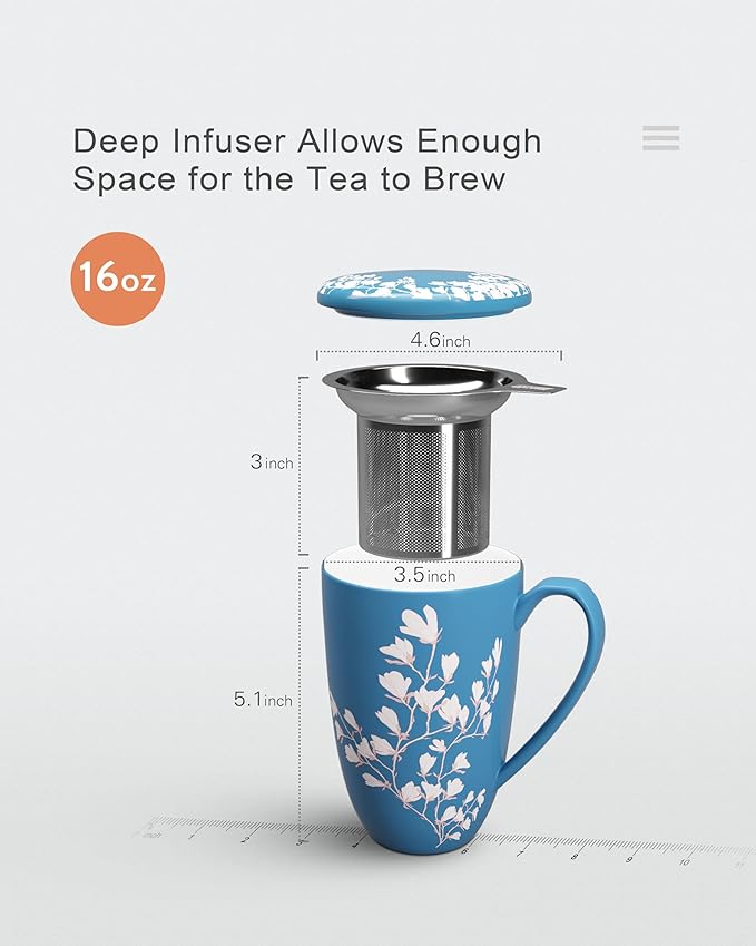 Tea Cup with Infuser and Lid - Tea Mug with Lid for Steeping Loose Leaf Coffee Milk Women Office Home Gift 16oz Navy Flower