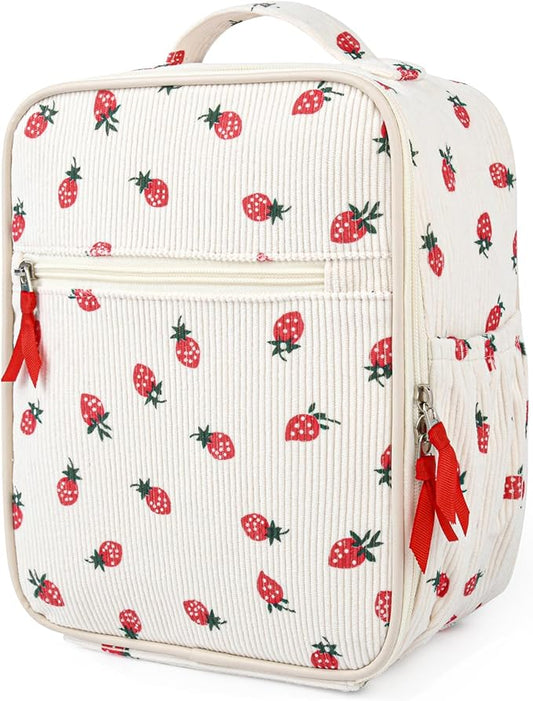Aileam Lunch Box Lunch Bag for Women Cute Girls Insulated Womens Lunch Bag For Work Quilted Large Capacity Reusable Insulated Cooler for Work School Picnic Travel Strawberry Beige