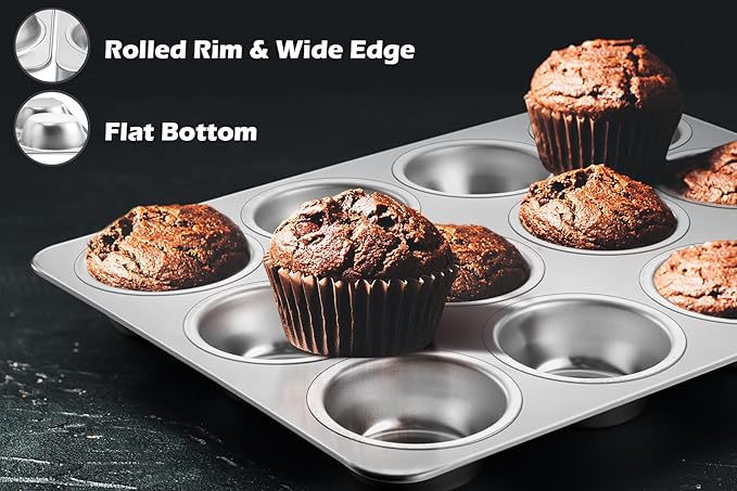 Leonyo 12-Cup Cupcake Pan, Stainless Steel Standard Size Cupcake Pans Tray for Baking, Metal Non-Toxic Muffin Tins, Dishwasher Oven Safe