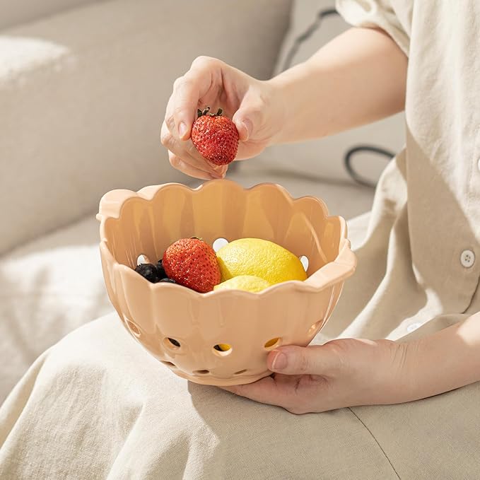 Small Ceramic Fruit Bowl,Scallop Stoneware Colander with Handles,Round Colorful Berry Basket,Fruit Container for Strawberry &Food Strainer,Soft Pink