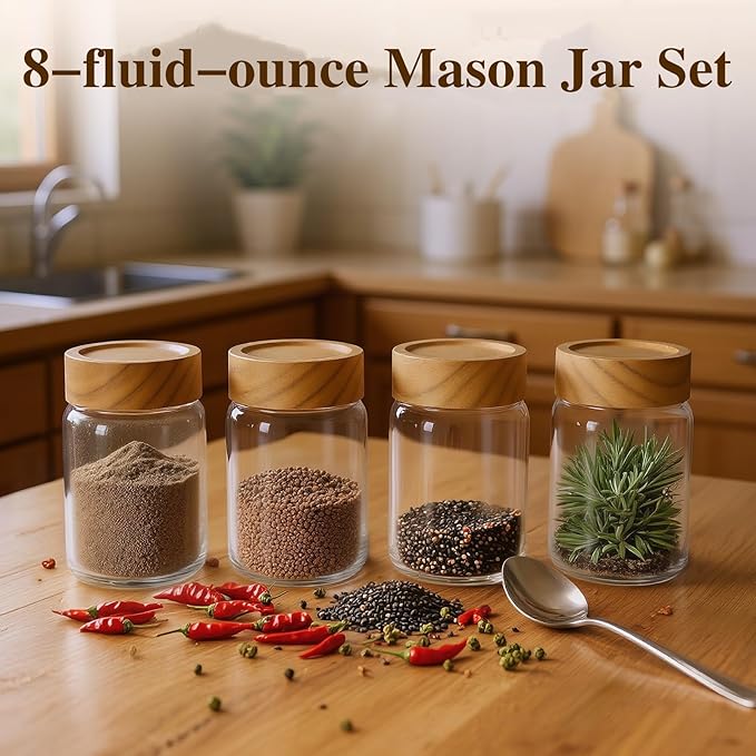 6pc 8 fl oz Glass Mason Jars with Acacia Wood Airtight Lids - Food Storage Container Set, Clear Stackable Leakproof Kitchen Canisters for Meal Prep/Snack Organization/Spice Storage