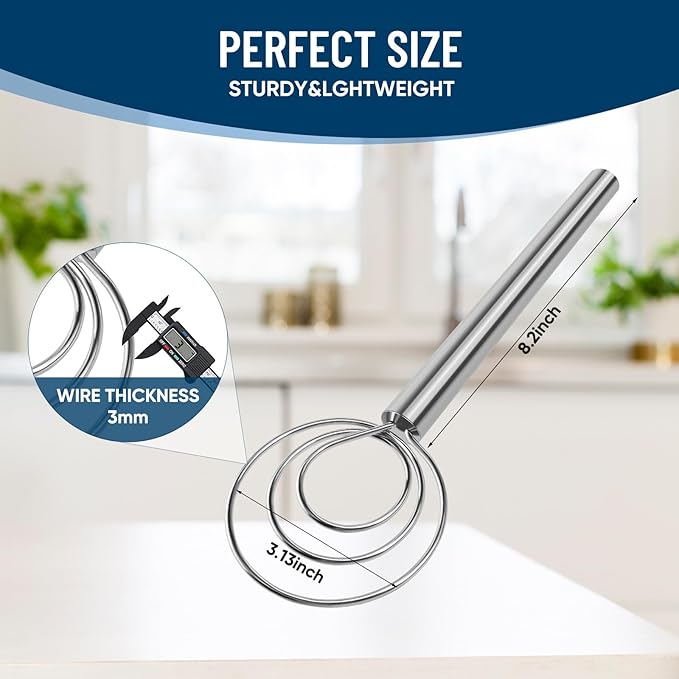 Danish Dough Whisk Stainless Steel Hook Dutch Mixer Tool for Bread Sourdough Baking Mixing with Wooden Handle