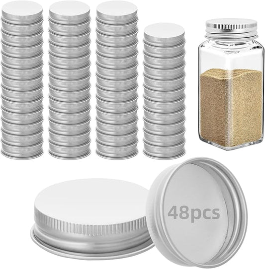 48 Pcs iron Jar Lids Lids for 4 oz and 6 oz Square Spice Jars Reusable Can Airtight Spice Storage Canning Lids for Nice Sealing Kitchen (Silver)