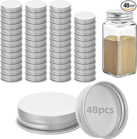 48 Pcs Silver iron Jar Lids Lids for 4 oz and 6 oz Square Spice Jars Reusable Can Airtight Spice Storage Canning Lids for Nice Sealing Kitchen (48)