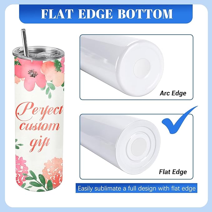 Joyclub 25 Pack Sublimation Tumblers 20 oz Sublimation Blanks Skinny Straight Flat Edge Tumbler Bulk with Lid and Straw White Cups for Heat Press