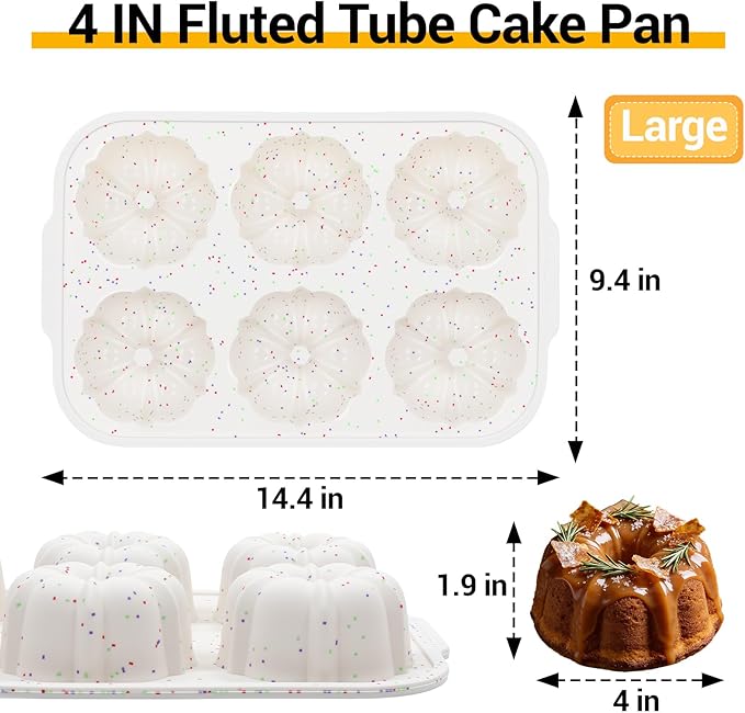FUNBAKY Jumbo Fluted Tube Cake Pans with Metal Reinforced Frame, 2Pcs Silicone 6-Cavity 4 IN Flan Molds, Nonstick Baking Mold for Cupcake, Brownie, Donuts, Cornbread, Jello