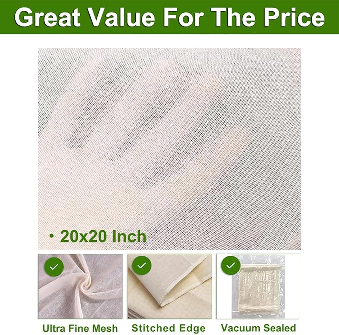25 Pcs Cheese Cloths for Straining, 20x20 Inch Grade 100 Precut Cheese Cloth With Fabric Fine Mesh Cloth, 100% Unbleached Cotton, Reusable Muslin Cheesecloth for Straining, Juicing, Cooking Turkey