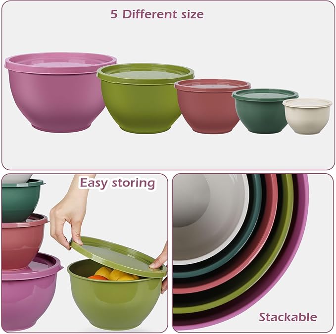 Plastic Mixing Bowls with Lids Set for Kitchen, Nesting Bowls for Mixing, Baking, Prepping, Cooking and Serving Food, Mixing Bowls Dishwasher, Microwave Safe (Purple)