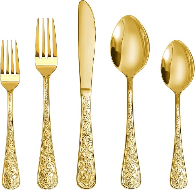 Runfly Vintage Carved Gold Stainless Steel 20 Pieces Flatware Set, Golden Silverware Set, Modern Embossed Cutlery Set Utensils Including Fork Spoon and Knife