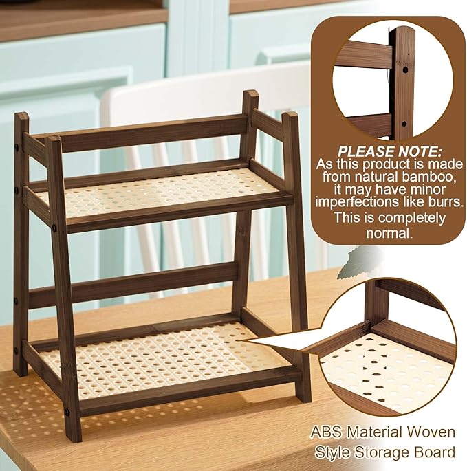 1 Pcs 2 Tier Matcha Station Shelf Bamboo Coffee Mug Stand Countertop Storage Rack, Double Layer Rattan Office Cup, Kitchen, Tea, Plant, Bar Accessories Condiment Display(Brown,10.2 Inch)