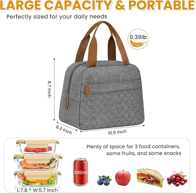 Insulated Lunch Bag for Women, Portable Lightweight Lunch Box for Adults, Reusable Lunch Tote Cooler Bags with Front Zipper Pocket for Work School Picnic(Gray, Large)