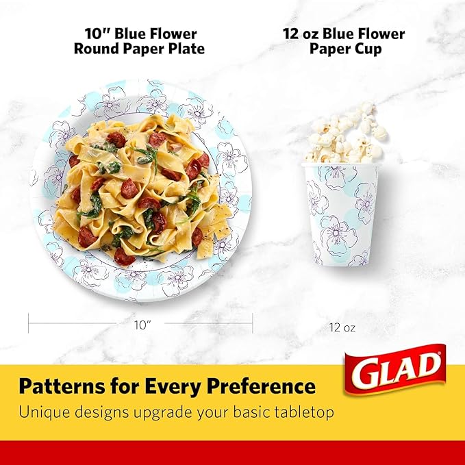 Glad Round Disposable Paper Plates, Blue Flower - Soak and Cut Proof, Microwave Safe, Heavy Duty Bulk Plates for Dinner and Everyday Use, 10 Inch - 50 Count - 2 Pack