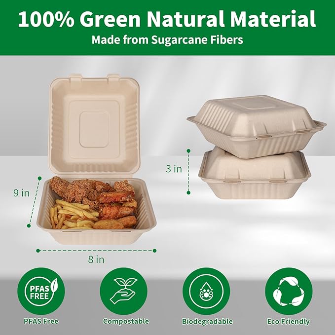 Aricsen Compostable 100 Pack 8 Inch Takeout Lunch Box Containers with Lid To Go Take Out Clamshell for Food, Disposable Eco-Friendly Biodegradable Bagasse, PFAS-Free, Brown