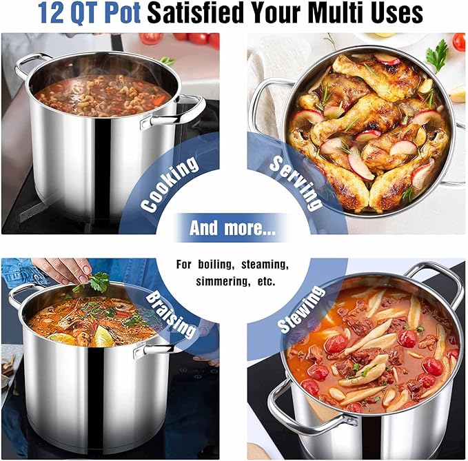 P&P CHEF 12 QT Stock Pot with Lid, Stainless Steel Large Cooking Pot, Soup Canning Stockpot for Stewing Simmering, Tri-ply Bottom for All Stoves, Heavy-Duty &Dishwasher Safe & Food-Grade