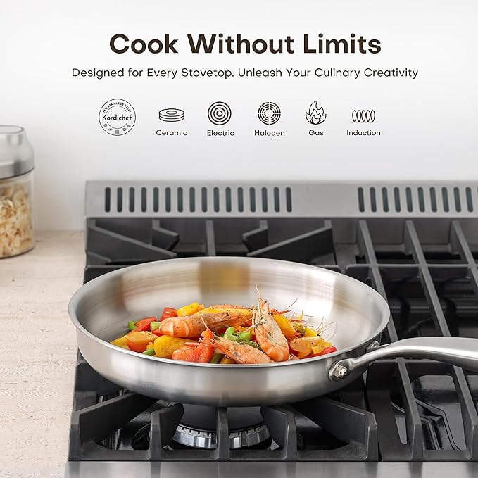 10 Inch Stainless Steel Frying Pan with Lid, Tri-Ply Healthy Stainless Steel Cookware, Pan, Skillet on Induction, Ceramic and Gas Cooktops, PFOA Free Cooking Pan, Dishwasher Safe