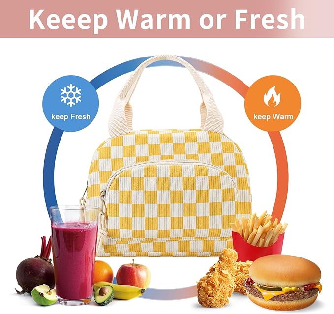 Lunch Bag Women Lunch Box for Women Adult Cute Insulated Lunch Bag Small Cooler Lunch Tote Bags for Work Picnic Travel (Beige-Yellow Plaid)