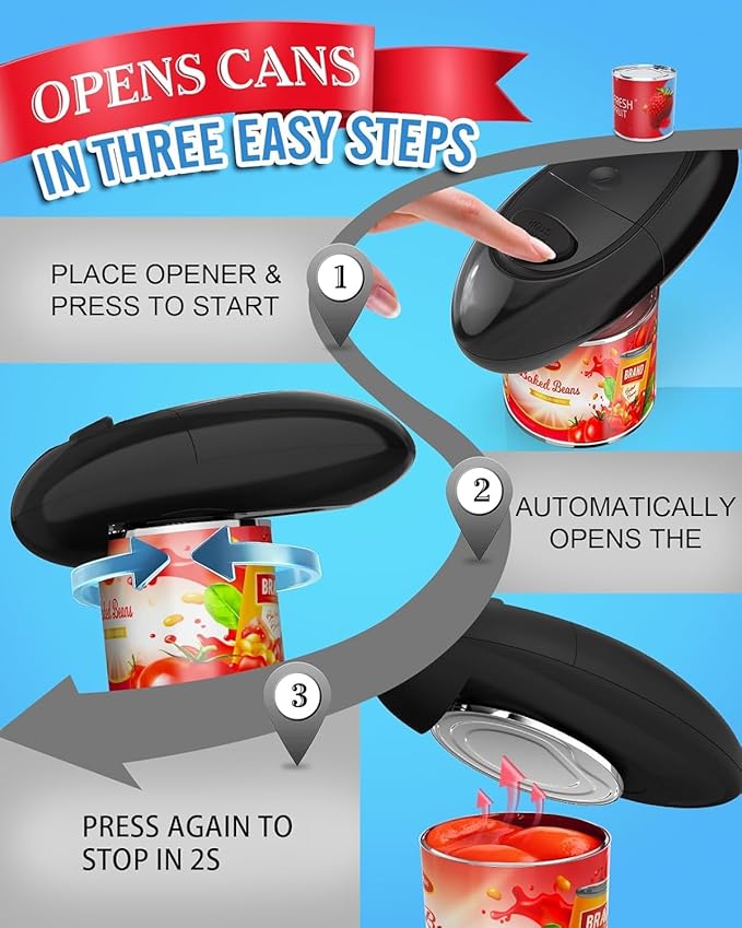 Auto Electric Can Opener, Fast & Efficient Automatic Hands-Free Can Opener, Easy to Use, Compact & Portable, Smooth Edge, Battery Operated, Easy Open for Arthritis & Seniors, Fits All Can Sizes -Black