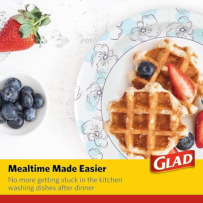 Glad Round Disposable Paper Plates, Blue Flower - Soak and Cut Proof, Microwave Safe, Heavy Duty Bulk Plates for Dinner and Everyday Use, 10 Inch - 50 Count - 2 Pack