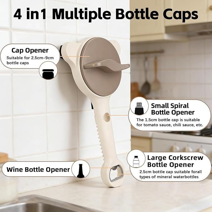 4 in 1 Jar Openers for Seniors – Jar Lid Opener, Cap Crack Opener & Multifunctional Can Opener, Easy Grip Handle for Effortless Opening, Minimize Kitchen Helper