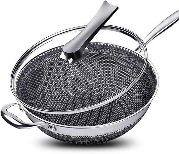 13.4” Stainless Steel Wok Pan with Lid – Honeycomb Non Stick Stir Fry Pan for Induction, Gas, Electric & Ceramic Cooktops – Tri-Ply Deep Frying Wok with Stay-Cool Handle, PFOA-Free