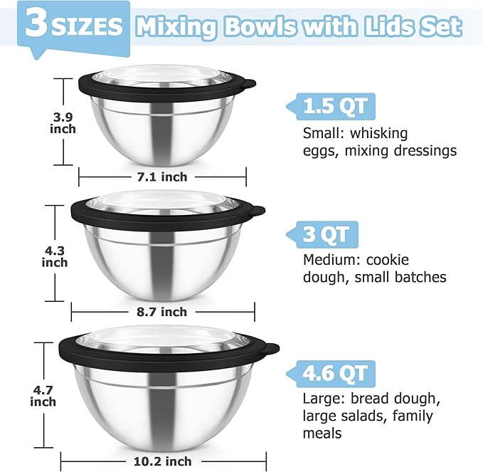 TeamFar Mixing Bowls, 4.5/3/1.5 QT Stainless Steel Nesting Salad Bowls with Airtight Lids, For Serving/Mixing/Storing/Prepping, Non-Toxic & Sturdy, Visible & Easy Clean, Black, Set of 3
