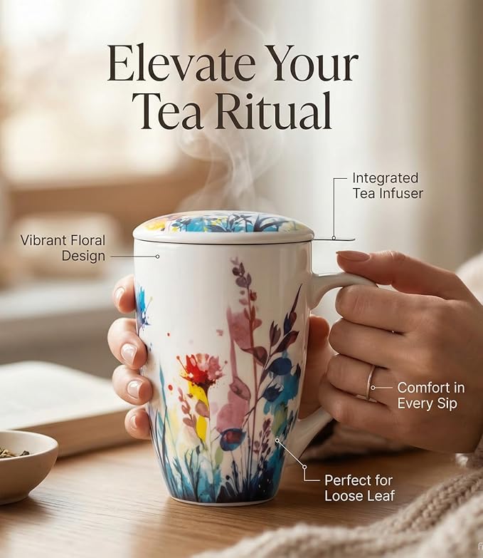 AmorArc Porcelain Tea Mug with Infuser and Lid – 18oz Loose Leaf Tea Cup with Handle, Gift for Tea Lovers (Men & Women)