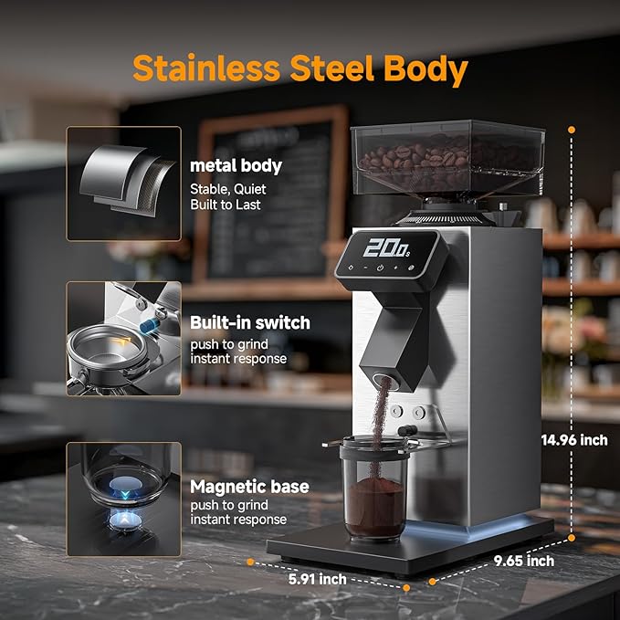 Commerical Flat Burr Coffee Bean Grinder, Electric Espresso Grinders for Home Use with All-Metal Chamber and 90 Presice Settings, Stainless Steel Housing, Anti-Static, LED Panel, Sliver