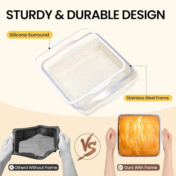 Vinino 8 x 8 Inch Silicone Square Brownie Cake Pan with Metal Reinforced Frame, Nonstick Silicone Brownie Pans BPA Free Suitable for Making Cakes, Brownies, Bread