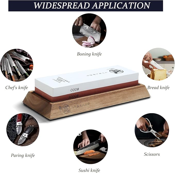 MITSUMOTO SAKARI Japanese Knife Sharpening Stone, Professional Double-Sided Whetstone 1000/3000 Grit, Kitchen Knife Sharpener Stones with Non-Slip Wooden Seat