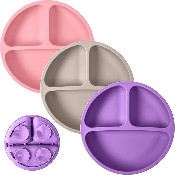 WeeSprout Suction Plates for Babies & Toddlers - 100% Silicone, Dinnerware Stays Put, Divided Design for Picky Eaters, Microwave & Dishwasher Friendly, 3 Pack
