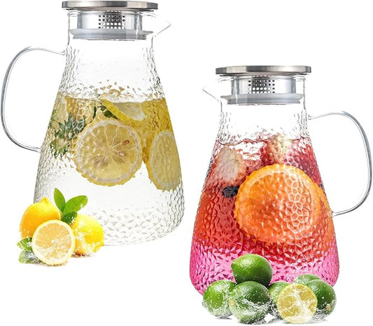 2.0 Liter 68 oz Glass Pitcher with Lid and Spout,2pcs set,Glass Carafe for Hot/Cold Water, Large Iced Tea Pitcher for Iced Coffee, Milk,Juice,Homemade Beverage,and Drinks