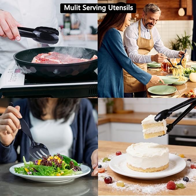 36Pcs Black Plastic Serving Utensils Disposable Serving Spoons Forks Tongs for Party Utensils Supplies for Dinner Parties Buffets Salad Noodles Soup and Weddings (Black)