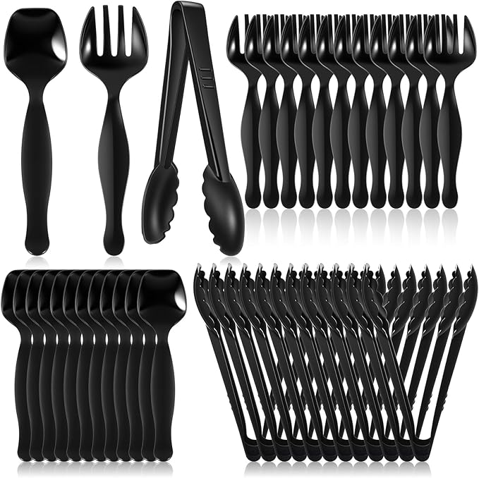 36Pcs plastic serving utensils serving utensil Set Servings Utensils Disposable Black Include 6.3"Plastic Servings 9.75"Servings Spoons 9.75"Servings Forks for 12 sets for Dinner Parties