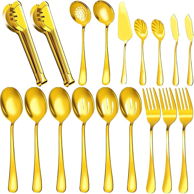 36 Pack Serving Utensils Set for Buffet, Stainless Steel Serveware, Large Spoons, Slotted Spoon, Forks, Tongs, Butter Knife, Shell Spoons, Soup Ladle, Pie Server, for Party Festival Family, Gold