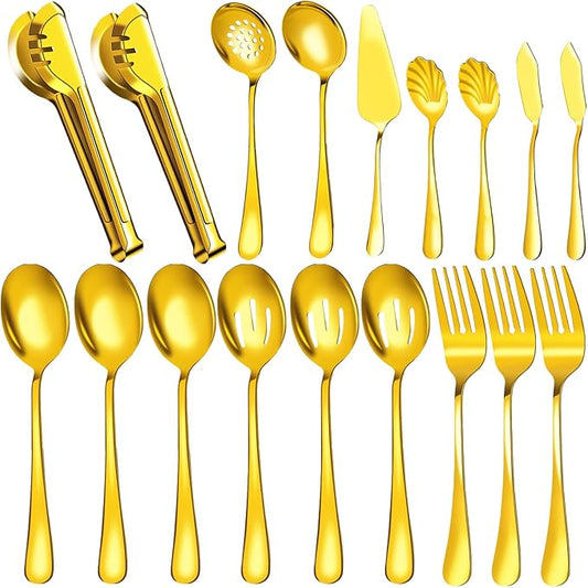 36 Pack Serving Utensils Set for Buffet, Stainless Steel Serveware, Large Spoons, Slotted Spoon, Forks, Tongs, Butter Knife, Shell Spoons, Soup Ladle, Pie Server, for Party Festival Family, Gold