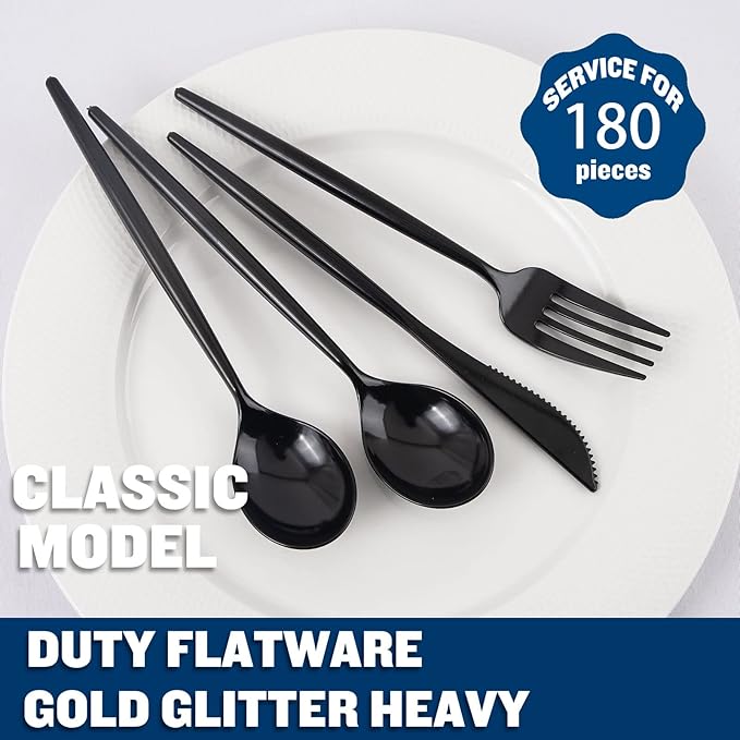 Supernal 180pcs Black Plastic Silverware Heavy Duty Black Party Cutlery Disposable Plastic Forks and Spoons Disposable Utensils Flatware Include 60 Forks,60 Knvies,60 Spoons (Pack of 2)